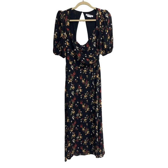 Reformation Wildflower Dress Vionnete Black Floral Puff-Sleeve Midi Size 2 NEW - Picture 2 of 11